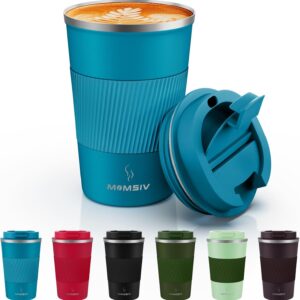 MOMSIV Taza de viaje de 12 onzas, taza de café aislada con tapa a prueba de fugas