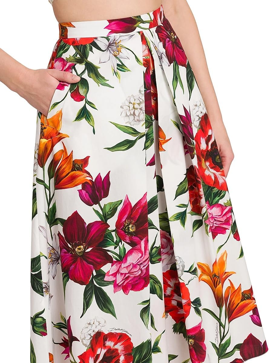 Dolce&Gabbana Falda media de popelina de algodón plisado floral Rafia Fiori