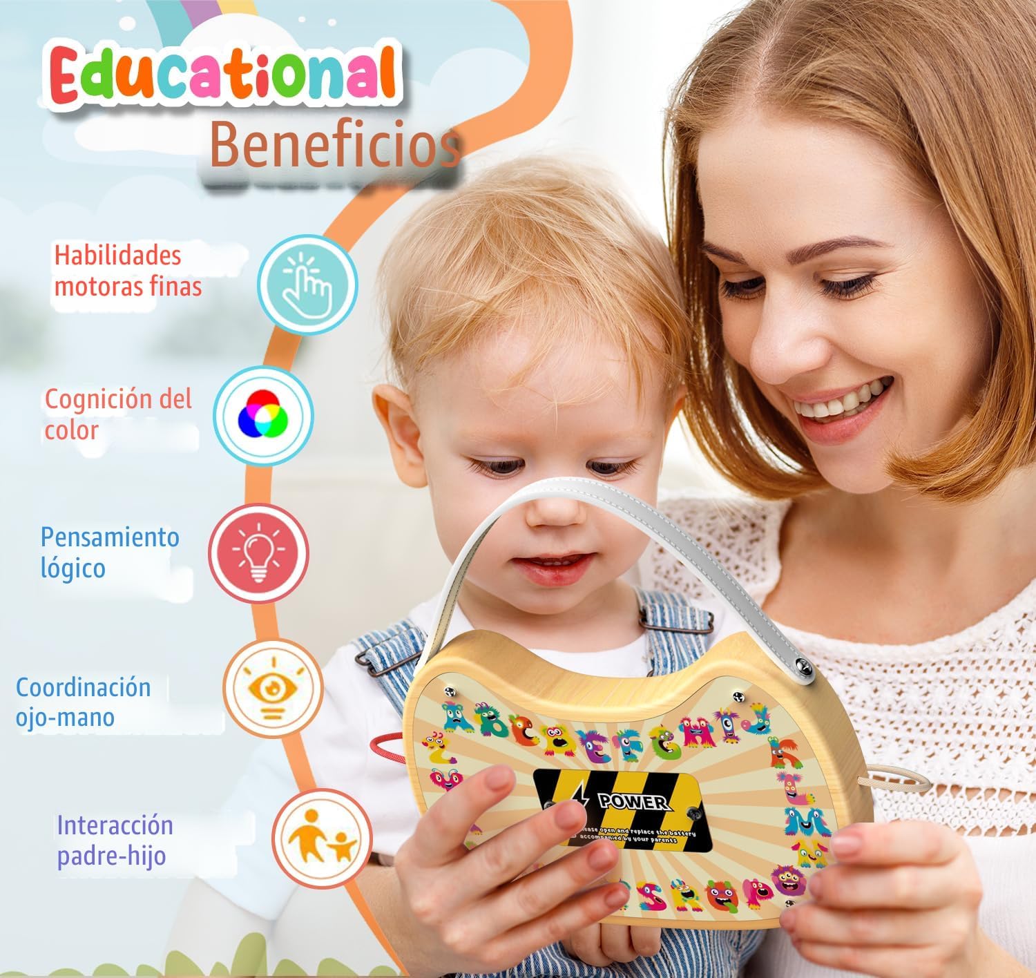 flycoost - Tablero de actividades Montessori para niños pequeños, juguete sensorial de madera para autismo, con interruptor, 17 luces LED para niños de 1 a 6 años para desarrollo habilidad motora fina - Imagen 2