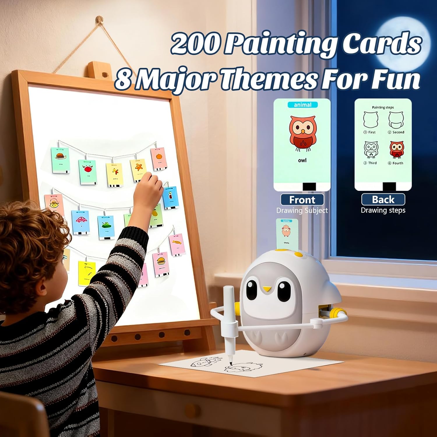 GMYGBY Robot de dibujo para niños, máquina de dibujo de aprendizaje Montessori con 200 cartas-P (pingüino) - Imagen 3