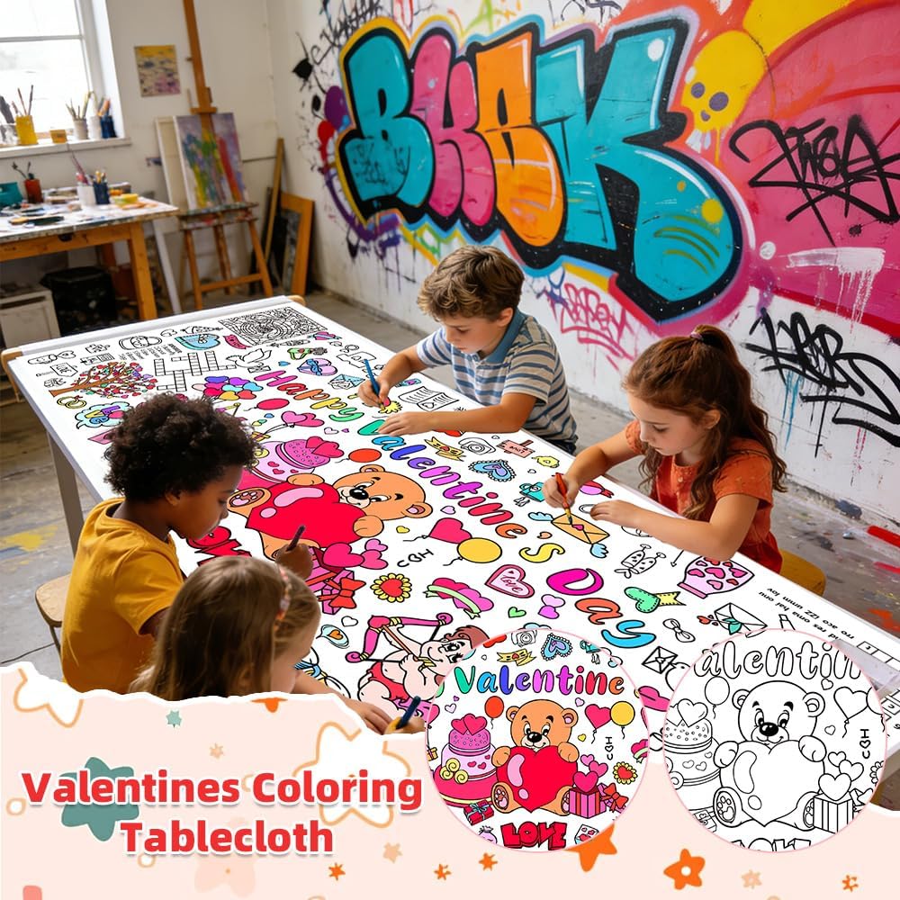 Póster de mantel para colorear del día de San Valentín, 2 manteles de manualidades de San Valentín para niños, 72 x 30 pulgadas