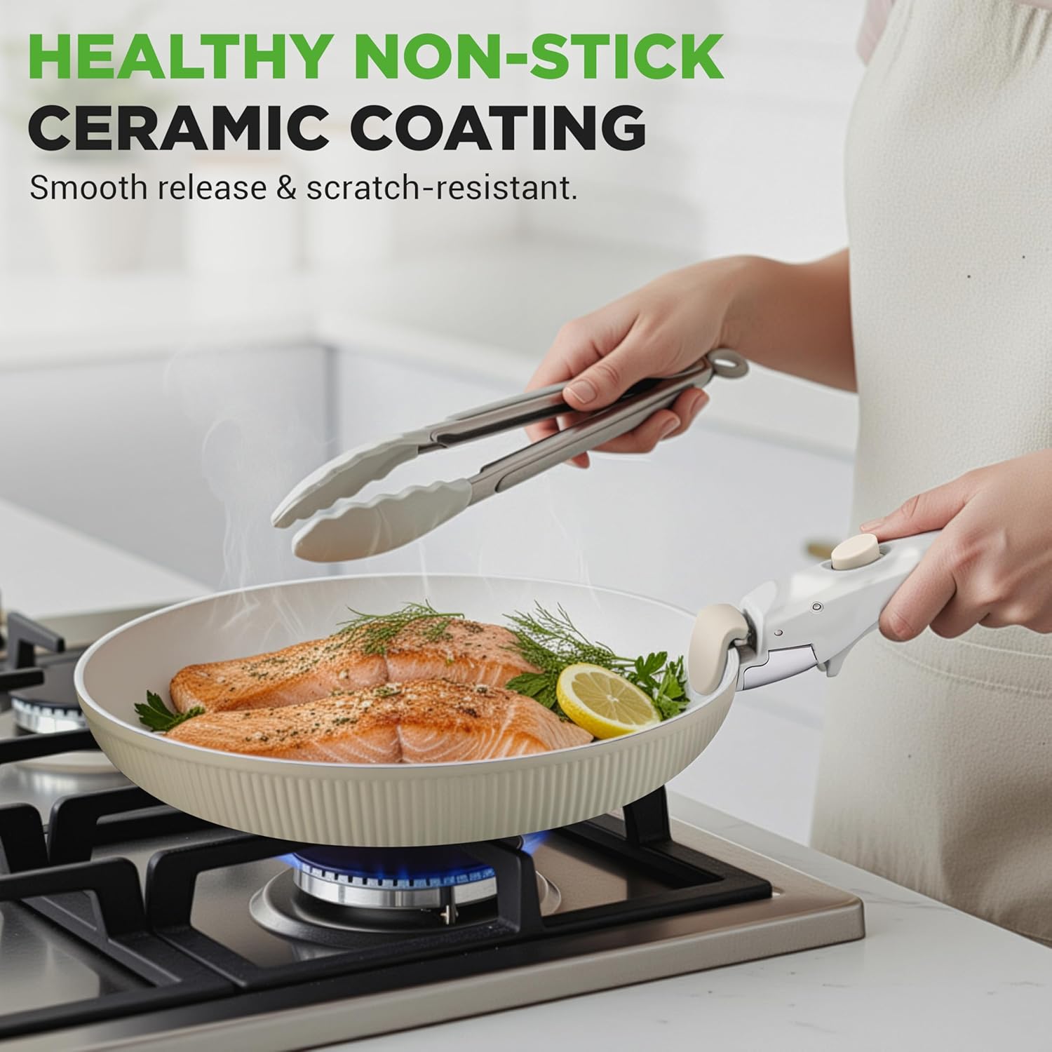 NutriChef Juego de utensilios de cocina de cerámica de 18 piezas con asas desmontables, ollas y sartenes antiadherentes, revestimiento de cerámica natural sin PTFE, diseño que ahorra espacio - Imagen 3