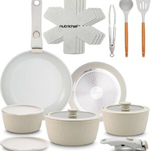 NutriChef Juego de utensilios de cocina de cerámica de 18 piezas con asas desmontables, ollas y sartenes antiadherentes, revestimiento de cerámica natural sin PTFE, diseño que ahorra espacio