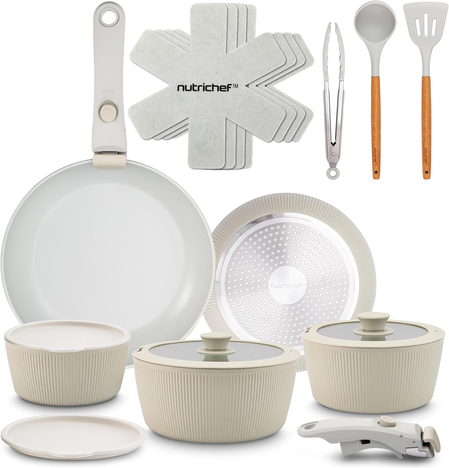 NutriChef Juego de utensilios de cocina de cerámica de 18 piezas con asas desmontables, ollas y sartenes antiadherentes, revestimiento de cerámica natural sin PTFE, diseño que ahorra espacio