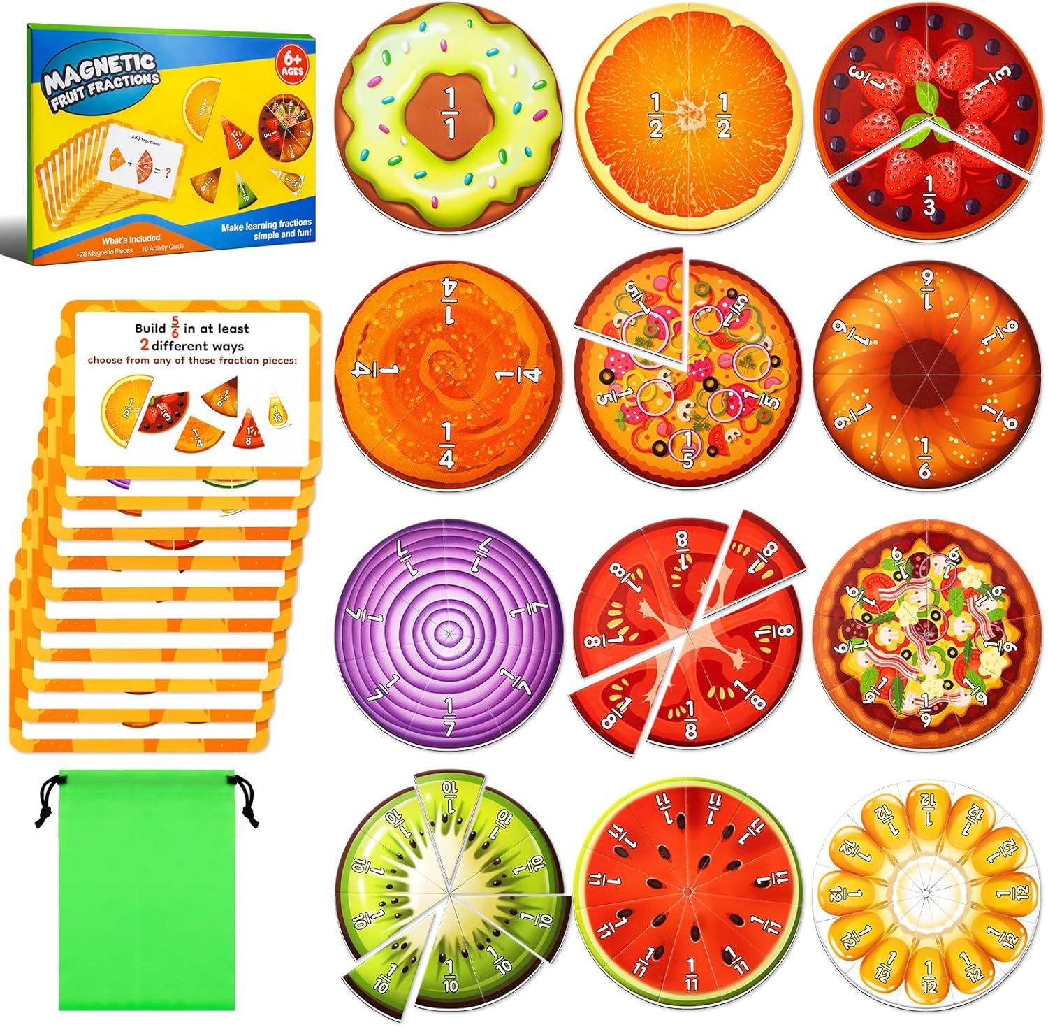 QEF Magnetic Fraction Manipulatives - Fruit Fraction Circles & Tiles - Imagen 2
