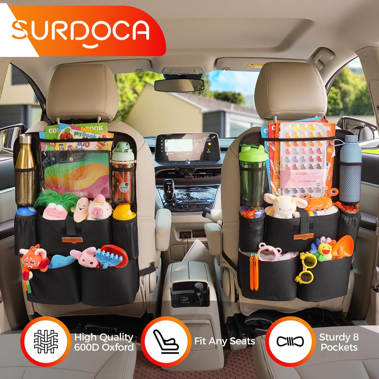 SURDOCA Organizador de coche mejorado con soporte para tablet de 11 pulgadas, 8 bolsillos - Imagen 2