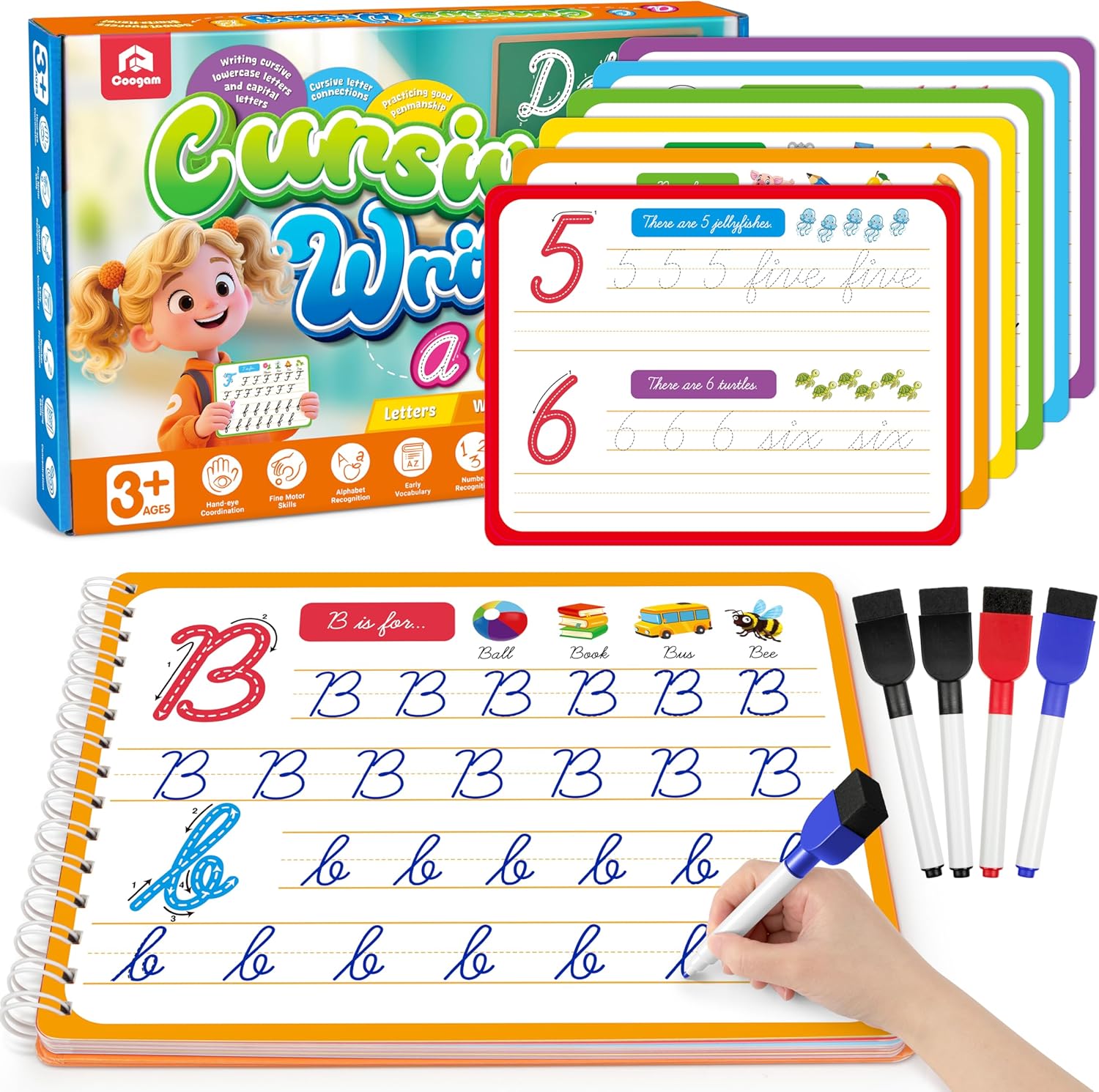 Cuaderno mágico de práctica Coogam para niños de 3 a 12 años, libro de práctica de escritura borrable